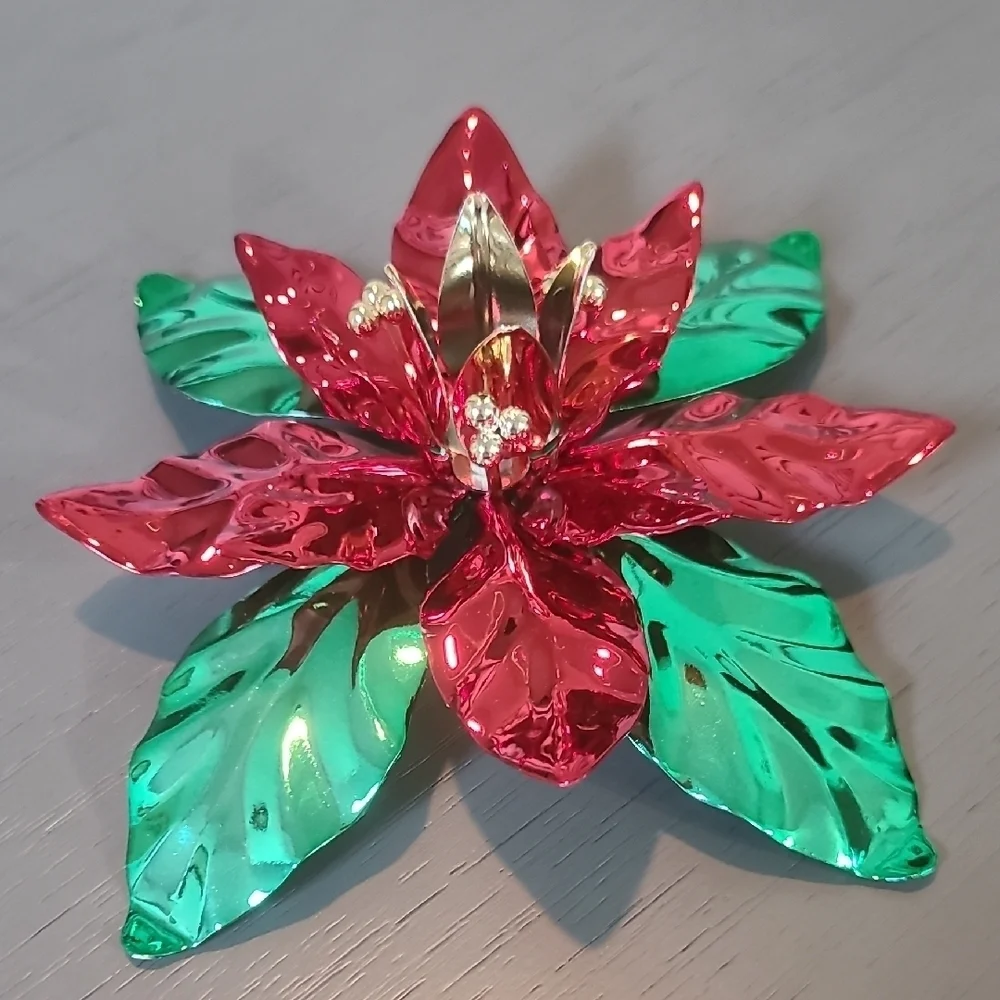 Department 56 Red and Green Poinsettia Metal Candle Holder